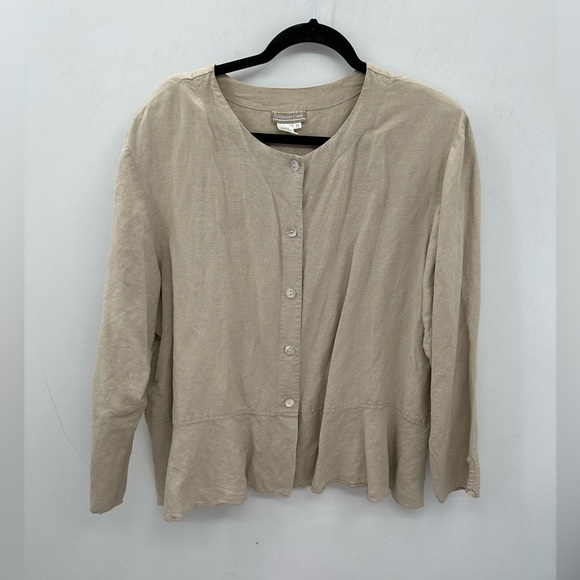 COLDWATER CREEK tan linen blend ruffle waist button down top.  2X - Picture 1 of 10
